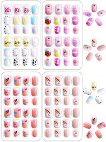 NAIO 96片/套 Y2K 酷炫风儿童美甲贴纸，亚克力材质，预涂凝胶，全覆盖，闪亮可爱图案，包括小熊、糖果、樱桃、花朵、云朵、爱心和星星。短款粘性美甲贴纸，适合小女孩——可爱卡通主题。 - 彩色 - 查看 4