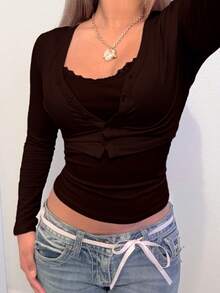 Bộ đồ 2 mảnh phối ren vá gân Mystra thanh lịch và dễ thương dành cho nữ, thích hợp mặc hàng ngày, dạo phố, lễ hội âm nhạc, hẹn hò, tiệc tùng - Cà phê nâu - Xem 3