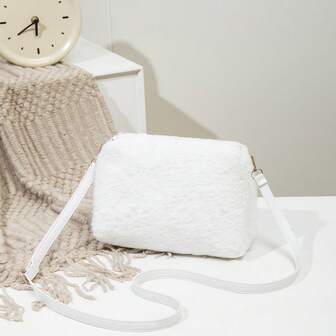 1pc Solid Color Camera Bag, Fluffy Makeup Bag With Adjustable Shoulder Strap, Fashionable Furry Bag, Unique Design Women Crossbody Bag