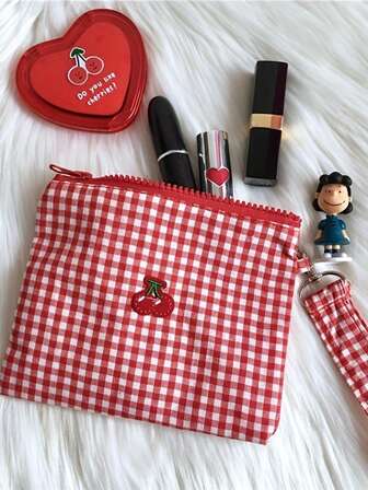 1 st röd körsbärsrutig sminkväska, reseväska, sminkväska med stor kapacitet, myntficka