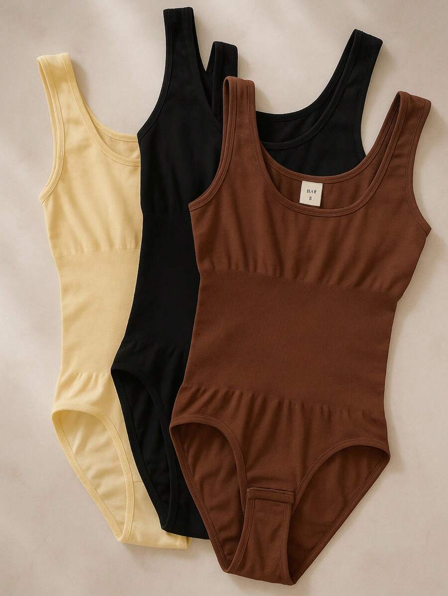 Women's 3-Pack Seamless One-Piece Active Tops – High-Stretch Training & Yoga Bodysuit Set In Coffee, Black & Cream White - 彩色 - 查看 1