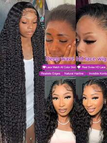 250% Density 13x6 Deep Wave Lace Front Wigs Human Hair Pre Plucked Small Knots With Baby Hair Natural Hairline 13x6 Ear To Ear Larger HD Transparent Swiss Lace Frontal Wigs Deep Curly Wave Glueless Wigs Human Hair 100% Brazilian Virgin Human Hair Wigs For Women Long Lasting 12A Raw Natural Black Wigs Christmas Season - Natural Black - View 4