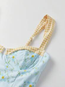 Womens One Piece Swimsuits Sleeveless Floral Print Patchwork Push Up Full Coverage Slimming Swimwear - 淺藍色 - 查看 7