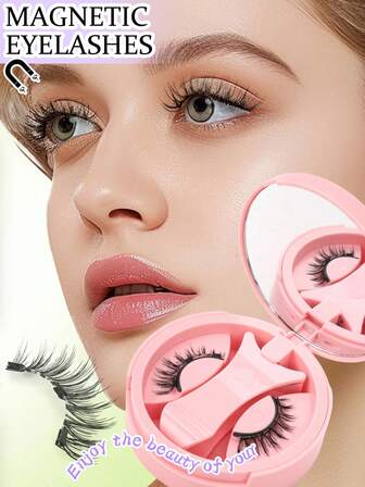 1对磁性假睫毛，带涂抹器，可重复使用磁性假睫毛套装，可重复使用，自然逼真，无需胶水，适合眼部