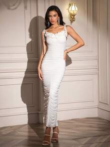 PARTHEA Women Elegant 3D Floral Tie‑Strap Ruched Back Slit Midi Dress, White Party Bodycon Formal Dress - White - View 3