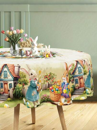1 pieza Mantel redondo vintage de Pascua feliz, mantel de poliéster de 150 cm de diámetro decorado con conejos, huevos de Pascua y patrones de estilo rústico, adecuado para decoración de fiestas de Pascua, decoración del hogar en Pascua, búsqueda de huevos de Pascua, decoración de cocina, decoración de mesa, decoración de primavera, suministros para fiestas de primavera, regalo de Pascua