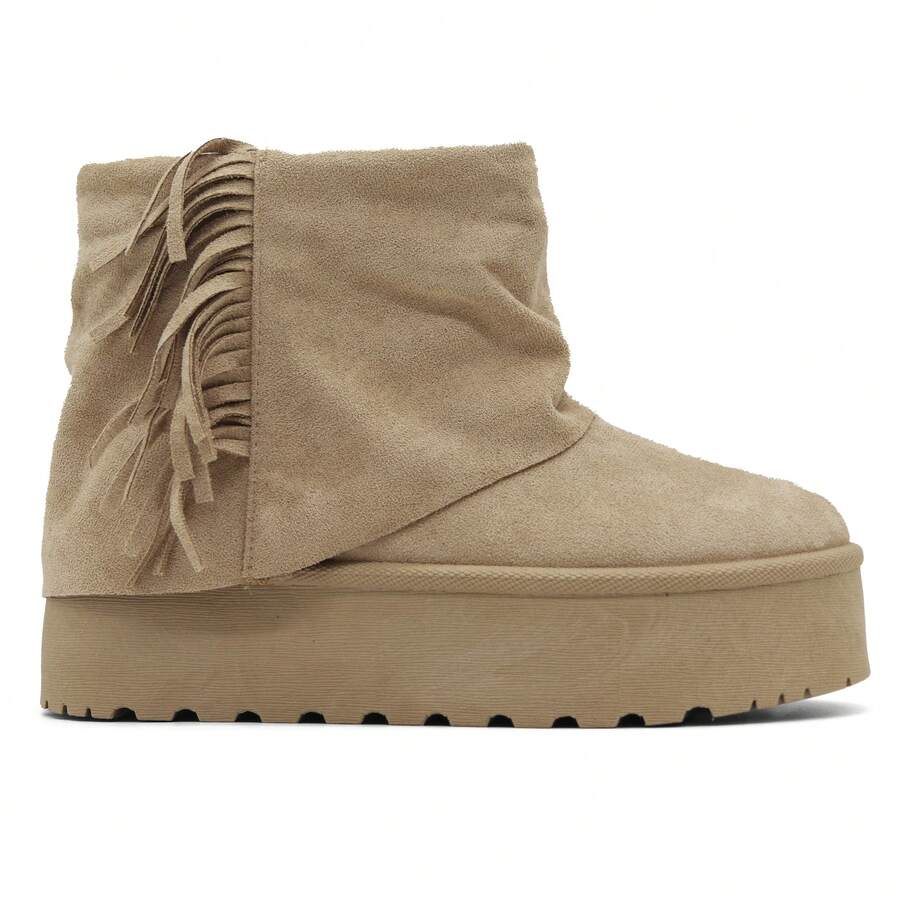 RevReaL Suede Platform Ankle Boots With Side Fringes – Chunky Sole Western Style Side Zip Festive - Beige - View 1