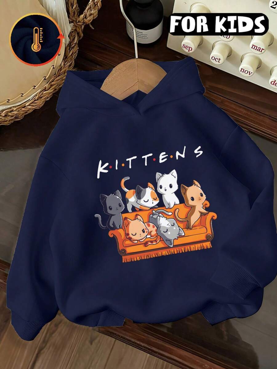 Nueva sudadera con capucha azul marino para niños de otoño/invierno con estampado de gatito de dibujos animados - Suave y acogedor para uso casual diario, estilo de hombros caídos oversize, perfecto para salidas y juegos diarios, ropa de exterior de manga larga cálida y cómoda, con tecnología de impresión por transferencia de calor del extranjero - Azul marino - Ver 1