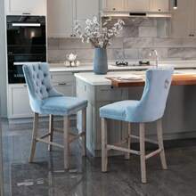 Contemporary Bar Stools Upholstered In Velvet With Button Tufting, Wooden Legs, And Chrome Stud Trim. Casual Style. Set Of 2 Stools (Light Blue). DE2002LB - 淺藍色 - 查看 1