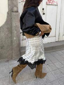 Women's Lace Trim Satin Silk Polka Dots Midi Skirt Y2K Elegant Flowy A Line Long Skirt Vintage Side Zipper Bodycon Pencil Maxi Skirts Going Out Beach Vacation Skirt Streetwear - 白色 - 查看 4