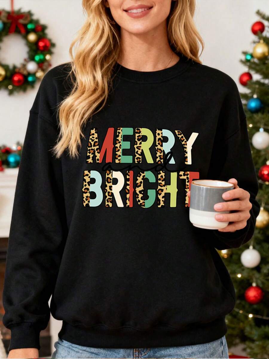 Sweatshirt para Mujer con Estampado de Leopardo y Letras "Merry & Bright", Ideal para Fiestas de Navidad y Regalo para Ella, Suave y Confortable, Estilo Festivo y Moda Actual - Negro - Ver 1