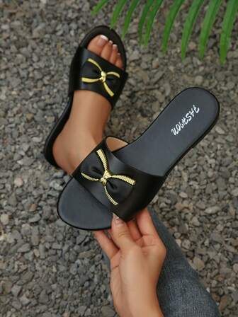 Pantuflas de mujer con decoración de lazo, sandalias slip-on sencillas, color negro, punta redonda, hebilla cuadrada, de moda, casuales, adecuadas para verano, vacaciones, zapatos planos versátiles, mules