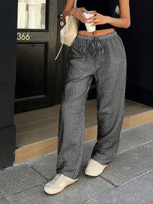Women's Black Plaid Patchwork Wide Leg Pants | Bow Waist Design | Suitable For Valentine's Day, Race Day, Beach Vacation And Daily Wear, 2026 Spring/Summer Bohemian Style - Black - View 11