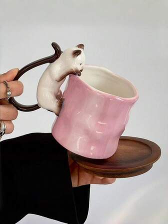 1个3D暹罗猫陶瓷马克杯，可爱猫咪拿铁咖啡杯，创意暹罗猫造型早餐牛奶果汁饮料杯，高品质生日礼物杯，适用于餐厅、客厅、咖啡馆