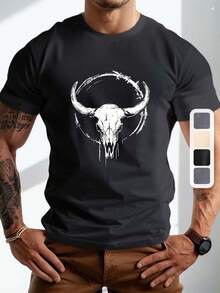 Plus Size Men's Summer T-Shirt, Western Bull Skull Art Graphic Print Short Sleeve Tees  Casual Tops For Daily Life, Big & Tall Guys - 黑色 - 查看 1