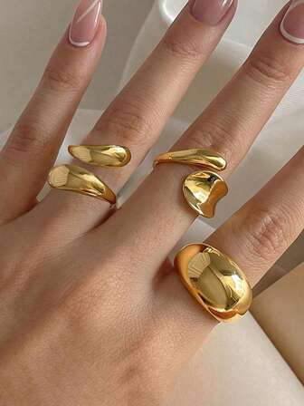 3 件套复古优雅精致不对称设计厚金属质感戒指，时尚配饰，适合节日、派对、约会、日常佩戴