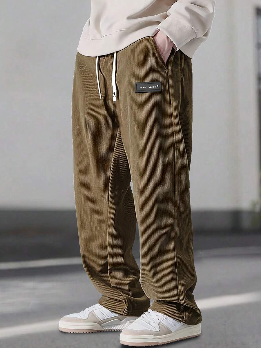 Men's Everyday Corduroy Joggers - Couples Matching Design, Elastic Drawstring Waist Pockets Straight-Leg Pants - 棕色 - 查看 1