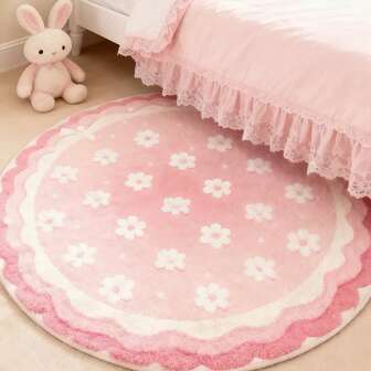 1pc Cute White Flower Design Carpet, Bedside Rug, Soft Plush Texture, Suitable For Living Room, Bedroom, Kitchen, Holiday Decor Carpet, Bedside Rug, All-Season Appealing, Ideal For Indoor Use