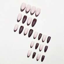24 Pcs Fall Press On Nails Medium Almond Fake Nails With White Polka Dot Designs Brown Nails Press Ons Autumn And Winter Acrylic Full Cover French Tip Glossy False Nail For Women - Màu đỏ tím - Xem 3