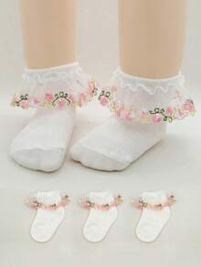 3 Pairs Elegant Embroidered Socks, Floral Embroidery Mesh Ruffle Trim Princess Socks, High-End Graceful - White - View 12