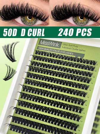 Miss Wink 240 Clusters Fluffy Curly Eyelashes, D Curl, 50D 0.07mm DIY Eyelash Extension, 3D Volumizing, 8-16mm Mixed Length, Comfortable & Natural Cat Eye Lashes, Best Gift For Women & Girls