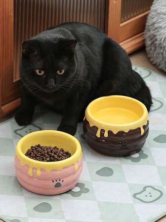 ชามเซรามิกสำหรับแมว 1 ชิ้น ชามใส่อาหารสัตว์เลี้ยง รูปทรงโถน้ำผึ้ง ฐานสูง ชามลึก ความจุขนาดใหญ่ ชามใส่น้ำสำหรับแมว ป้องกันการหก