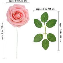 50/500支（1朵玫瑰+1片叶子）9英寸象牙色泡沫人造玫瑰，带茎，外观逼真，适用于DIY婚礼花束、新娘送礼会中心装饰、派对餐桌装饰、情人节、母亲节、感恩节装饰、DIY花环、礼品、桌面摆件 - 淺粉色 - 查看 2