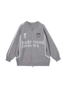 Women's Round Neck Letter Print Zip Front Pocket Casual Daily Autumn/Winter Outgoing Long Sleeve Cardigan - Grey - View 3