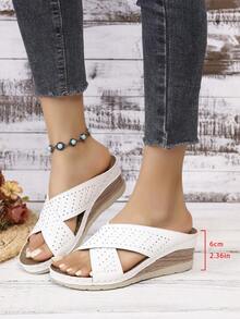 Sandalias de diapositiva con suela gruesa, adornadas con cristales, con diseño cruzado, elegantes para fiesta, playa, resort. Sandalias de cuña huecas con tacón de cuña para boda, vacaciones - Blanco - Ver 2