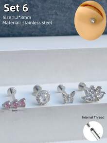 Morlyda 4pcs/Set Cute Earring Lip Studs Pink Lip Ring Nose Ear Studs Hypoallergenic Stainless Steel Opal Stars Flower Rhinestone Decor Ear Studs Angel Moon Cartilage Stud Earrings Butterfly Lizard Helix Tragus Earrings Bow Conch Rook Labret Monroe Medusa Lip Nose Piercing Jewelry For Women Men Daily Wear Valentine's Day Christmas Day Gift Night Out Social Gatherings - Multicolor - View 8