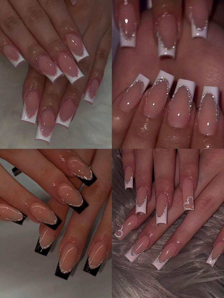 96pcs/Box (4 Boxes Assorted) Long Coffin-Shaped Black & White French Manicure Nail Stickers, Minimalist & Fashionable Style, Includes 1pc Jelly Gel And 1pc Nail File, Acrylic False Nails - Multicolor - View 1
