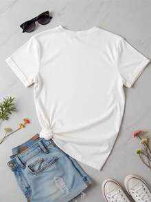 Women's Graphic T-Shirt, Short Sleeve, Round Neck, Basic, Comfortable, Cool, Lightweight, Heart Print, Stripes, Animal Print, Leopard, Glitter, Modern, Youthful, Feminine - 白色的 - 查看 2