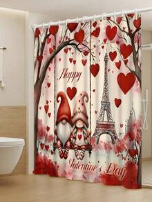 1/4pcs Valentine's Day Gnome & Eiffel Tower Bathroom Curtain Set - Romantic Red & Pink Polyester Decorative Bathroom Curtains With Heart, Flower And "Happy Valentine's Day" Designs, Suitable For Bathing, Non-Slip Bath Mat, U-Shaped Toilet Lid Cover, Bathroom Decor | Romantic Bathroom Decor | Machine Washable Curtain, Bathroom Accessories