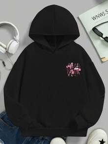 1件女童时尚卡通图案连帽卫衣，醒目设计，适合学校活动 - 黑色 - 查看 2