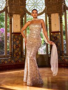 Faeriesty Đầm dạ hội đuôi cá đính sequin và hạt cườm sang trọng, dài đến sàn - Lựa chọn lý tưởng cho đám cưới, dạ hội trang trọng, lễ trao giải và các bữa tiệc cao cấp, cũng là lựa chọn hoàn hảo cho trang phục đón năm mới. - Rượu sâm banh - Xem 9