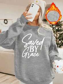 2026 Women's New Fashion Printed Round Neck Sweatshirt, Elegant Women's Top, Women's Fleece-Lined Warm Winter Top, Women's Loose And Comfortable Winter Clothing, Women's Coats - 淺灰色 - 查看 12