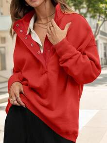 Women's Oversized Sweatshirt Snap Stand Collar Long Sleeve Casual Pullover Fall Winter Christmas Gifts - 紅色 - 查看 1