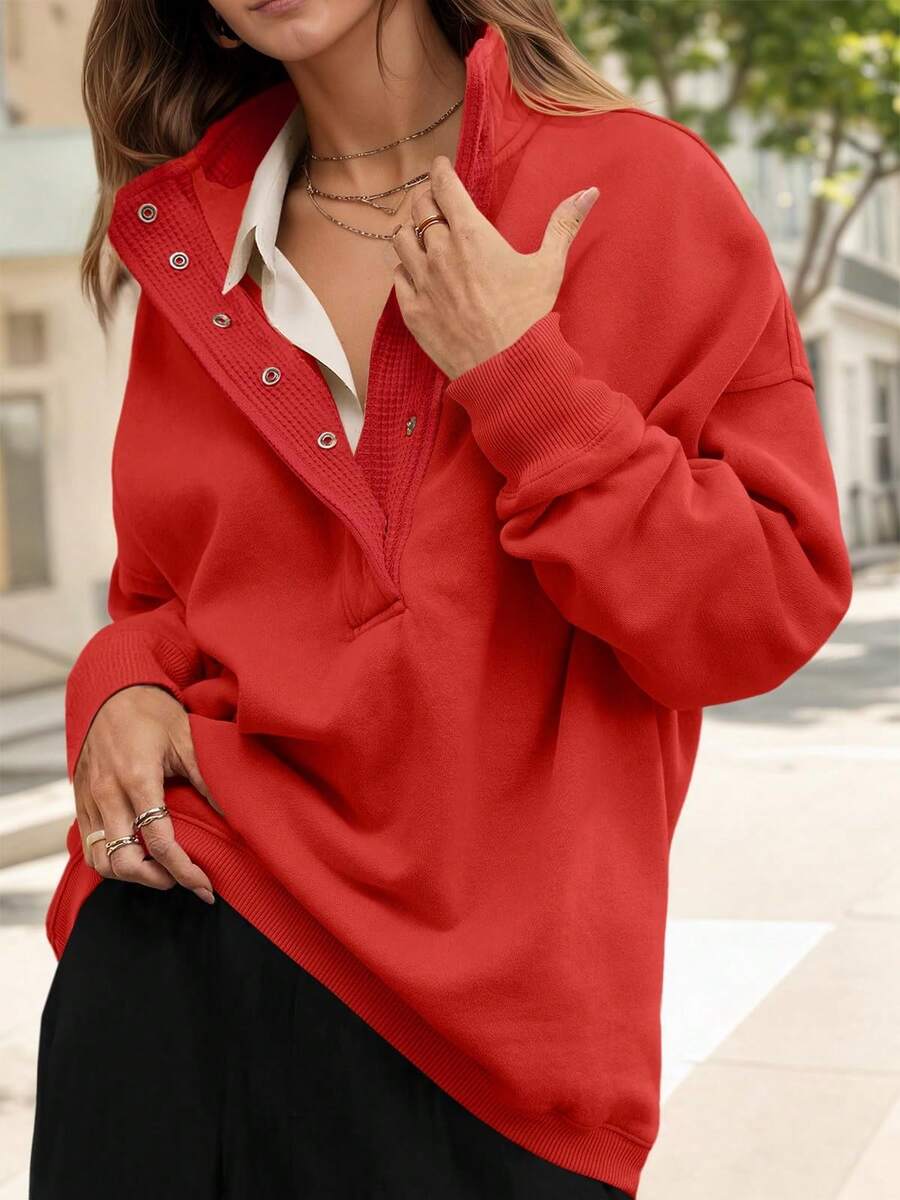 Women's Oversized Sweatshirt Snap Stand Collar Long Sleeve Casual Pullover Fall Winter Christmas Gifts - 紅色 - 查看 1