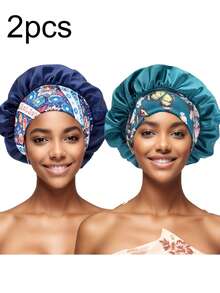 2Pcs Bonnet Set,Women's Bonnet Printing Silk Smooth Satin Bonnet With Elastic Print Fashionable Casual And Comfortable Sleeping Hat.