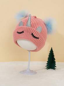 1顶双绒球针织帽，可爱羊毛帽，冬季保暖，男女通用独角兽刺绣闭眼针织帽 - 1PC - 查看 14