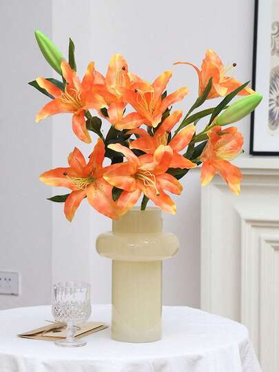 1朵5头仿真百合花，家居客厅装饰，4朵花1个花苞，丝绸材质，婚礼装饰假花