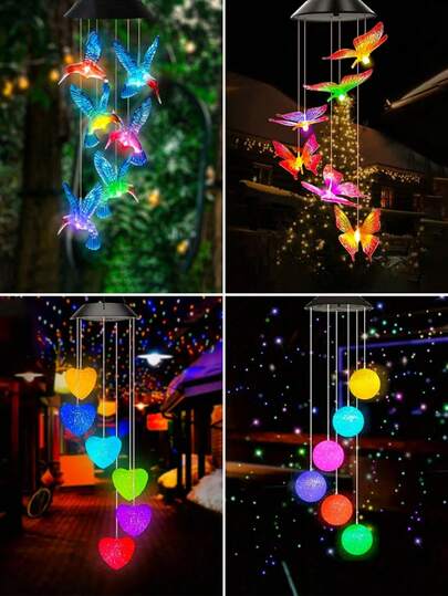 1pc Solar Powered Hummingbird/Butterfly/Heart/Round Wind Chime Light, 6 Colorful LED Hanging Lamp, Romantic Purple Butterfly, Blue Hummingbird Design, Suitable For Patio, Balcony, Outdoor Garden Decor, Party, Holiday Atmosphere (Solar Powered)
