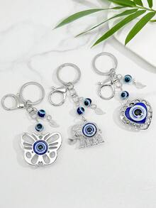 2-Sided Turkish Evil Eye Keychain - Butterfly / Elephant / Heart Pendant, Blue Beaded, Fashion Keyring Gift - Multicolor - View 2
