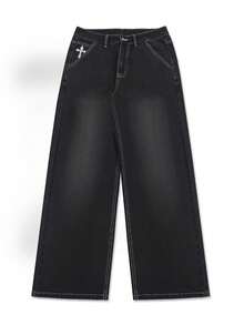Men's Loose Fit Jeans, Cross Embroidered Jeans, Pocket Embroidered Jeans, Y2K Hip Hop Rock Baggy Wide Leg Jeans, Street Fashion Trendsetter Jeans - Black - View 5