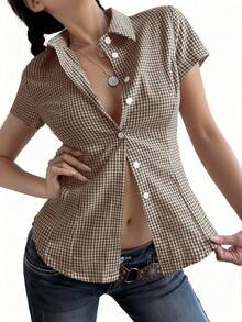 阳光少女风春季情人节女装Y2K返校季棉质修身翻领短袖衬衫，带纽扣，棕色格子学院风上衣
