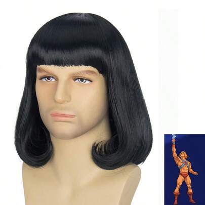 14-tums cosplayperuk, anime-inspirerad Sheman, universums jätte, herrplugs, svart syntetiskt hårperuk, realistisk fiber, lämplig för dagligt bruk