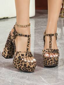 女士时尚高跟鞋，夜店风格，搭扣设计，派对必备，豹纹仿麂皮，踝带，T字带，露趾，露趾，厚底，粗跟，超高跟，经典圆头凉鞋，夏季户外，常规款，女士豹纹杏色凉鞋，高跟凉鞋，性感，复古 - 豹紋杏 - 查看 3