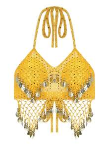 女士亮片串珠流苏露背短款上衣，短款透明亮片雪纺衬衫，波西米亚风节日肚皮舞服装（不可拆卸胸垫） - 彩色 - 查看 12