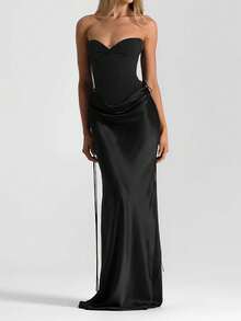 2pcs Black Satin Strapless Women's Cocktail Party Dress, Elegant Style For Spring/Summer - Black - View 1