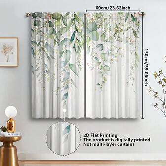 2片装白色花卉装饰艺术风格窗帘 - 现代涤纶设计，饰以绿色叶子，轻薄透气，杆袋式设计，适用于客厅、卧室、厨房和家居装饰，客厅窗帘